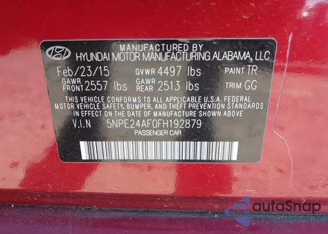 2015 Hyundai Sonata Se z USA, uszkodzony, nr VIN 5NPE24AF0FH192879